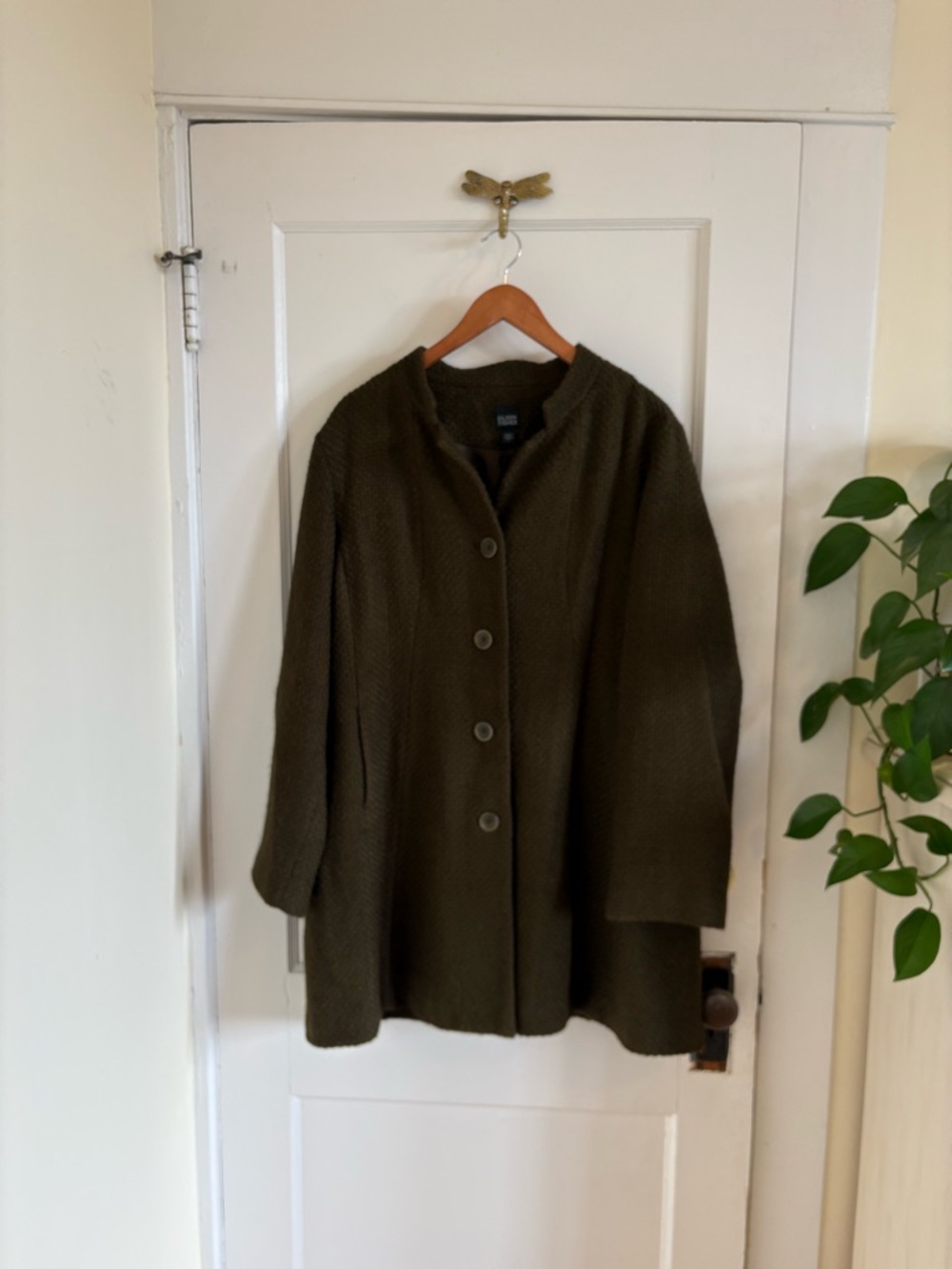 Eileen Fisher Olive Textured Notch-Collar Button Front Wool Blend Car Coat Large